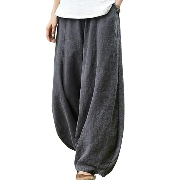 Womens Linen Cotton Elastic High Waist Harem Pants Casual Loose Baggy Trousers